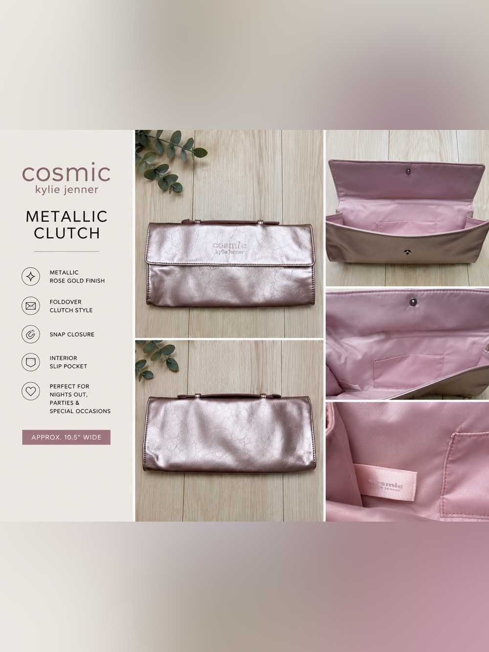 Cosmic Kylie Jenner Metallic Rose Gold Clutch Bag Pink Foldover Evening